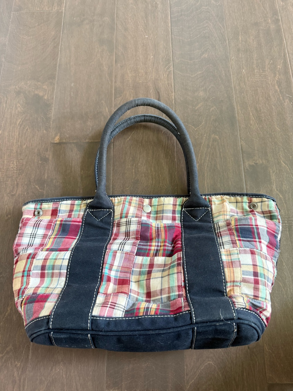 J Crew Plaid Canvas Tote Bag with Navy Straps